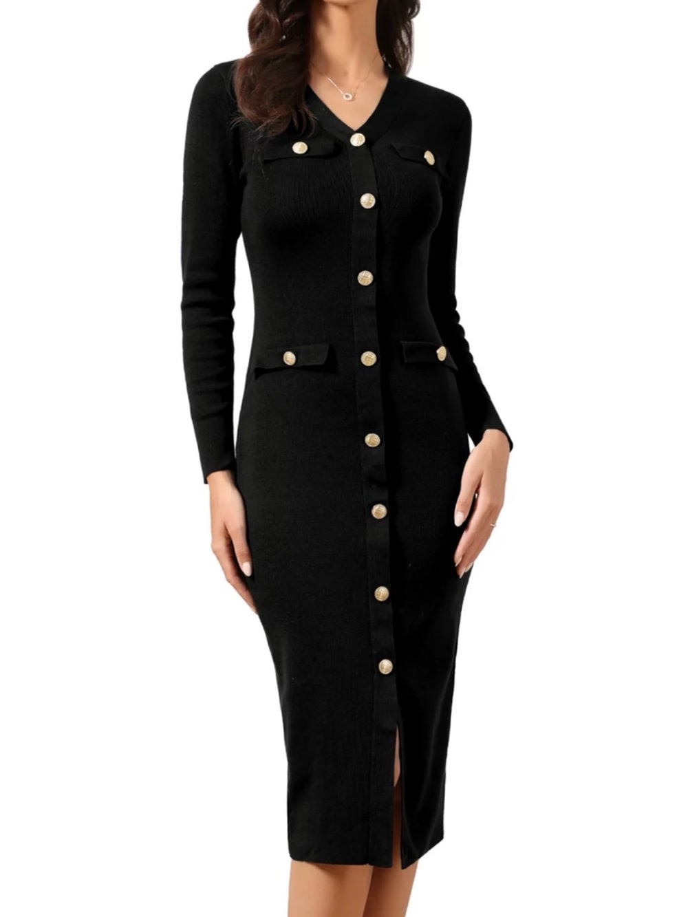 Almost Famous Black Long-Sleeve Button-Front Midi Dress with Gold Accents